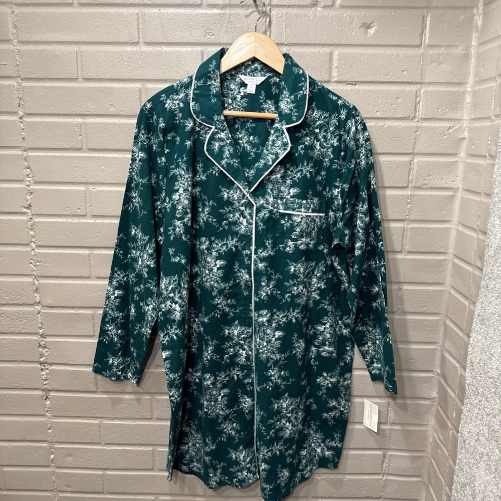 Charter Club Intimates Nightshirt Flannel Green Floral Cotton Button Front NWT L - Picture 6 of 16